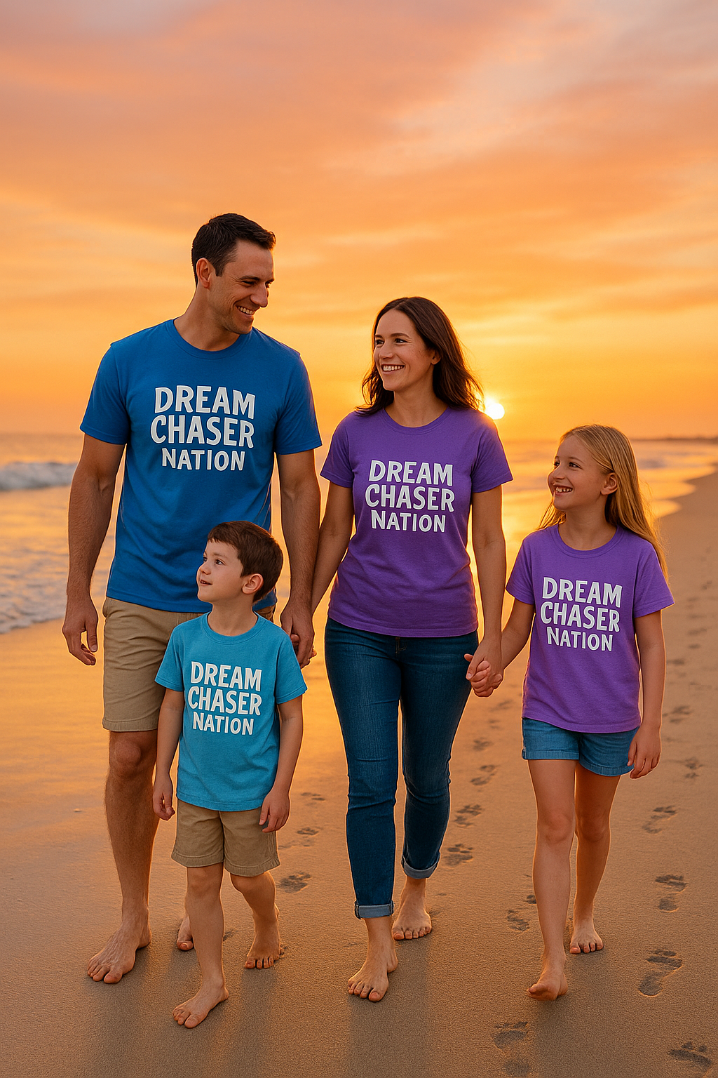 Dream Chaser family on the beach at sunset wearing DCN tees